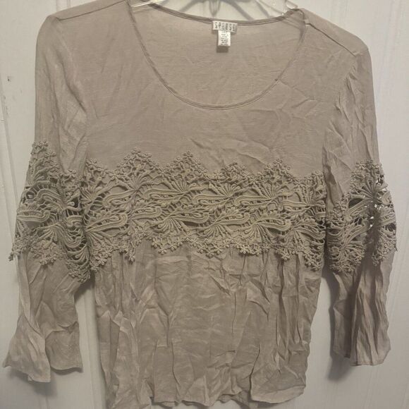 Spense Tops - SPENSE Tan Blouse with Lace Design Size Large